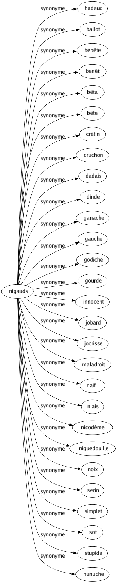 Synonyme de Nigauds : Badaud Ballot Bébête Benêt Bêta Bête Crétin Cruchon Dadais Dinde Ganache Gauche Godiche Gourde Innocent Jobard Jocrisse Maladroit Naïf Niais Nicodème Niquedouille Noix Serin Simplet Sot Stupide Nunuche 