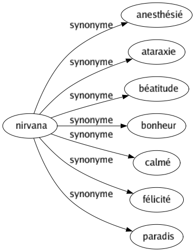 Synonyme de Nirvana : Anesthésié Ataraxie Béatitude Bonheur Calmé Félicité Paradis 