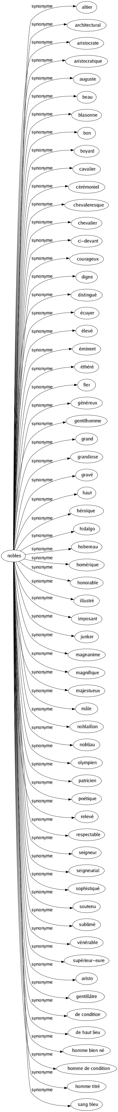 Synonyme de Nobles : Altier Architectural Aristocrate Aristocratique Auguste Beau Blasonne Bon Boyard Cavalier Cérémoniel Chevaleresque Chevalier Ci-devant Courageux Digne Distingué Écuyer Élevé Éminent Éthéré Fier Généreux Gentilhomme Grand Grandiose Gravé Haut Héroïque Hidalgo Hobereau Homérique Honorable Illustré Imposant Junker Magnanime Magnifique Majestueux Mâle Noblaillon Nobliau Olympien Patricien Poétique Relevé Respectable Seigneur Seigneurial Sophistiqué Soutenu Sublimé Vénérable Supérieur-eure Aristo Gentillâtre De condition De haut lieu Homme bien né Homme de condition Homme titré Sang bleu 