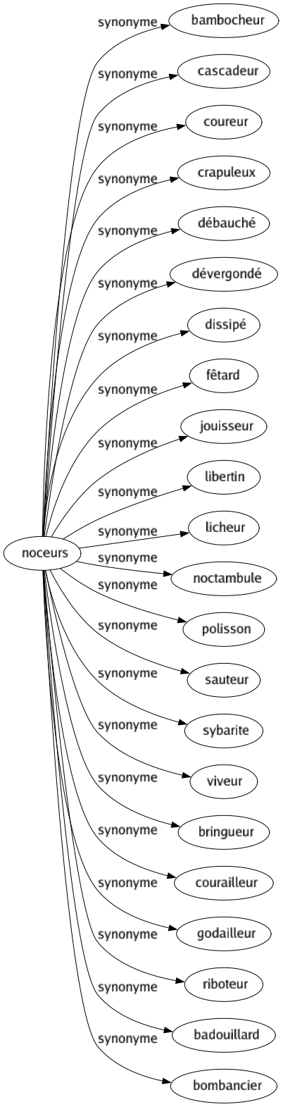 Synonyme de Noceurs : Bambocheur Cascadeur Coureur Crapuleux Débauché Dévergondé Dissipé Fêtard Jouisseur Libertin Licheur Noctambule Polisson Sauteur Sybarite Viveur Bringueur Courailleur Godailleur Riboteur Badouillard Bombancier 