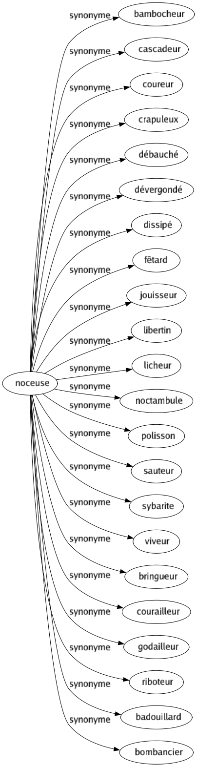 Synonyme de Noceuse : Bambocheur Cascadeur Coureur Crapuleux Débauché Dévergondé Dissipé Fêtard Jouisseur Libertin Licheur Noctambule Polisson Sauteur Sybarite Viveur Bringueur Courailleur Godailleur Riboteur Badouillard Bombancier 