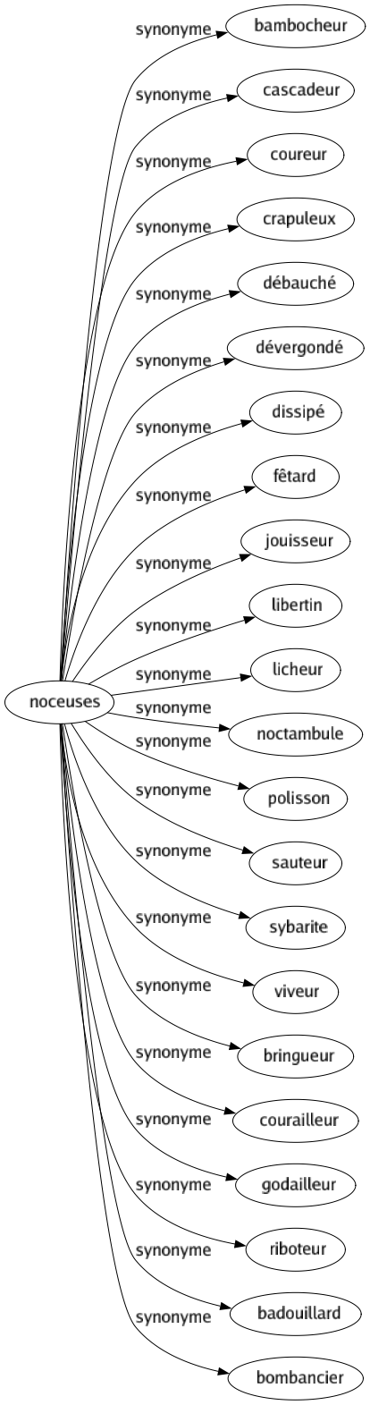 Synonyme de Noceuses : Bambocheur Cascadeur Coureur Crapuleux Débauché Dévergondé Dissipé Fêtard Jouisseur Libertin Licheur Noctambule Polisson Sauteur Sybarite Viveur Bringueur Courailleur Godailleur Riboteur Badouillard Bombancier 