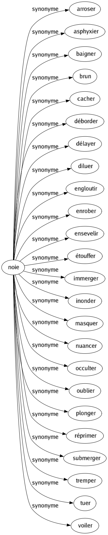 Synonyme de Noie : Arroser Asphyxier Baigner Brun Cacher Déborder Délayer Diluer Engloutir Enrober Ensevelir Étouffer Immerger Inonder Masquer Nuancer Occulter Oublier Plonger Réprimer Submerger Tremper Tuer Voiler 