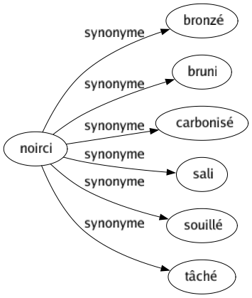 Synonyme de Noirci : Bronzé Bruni Carbonisé Sali Souillé Tâché 