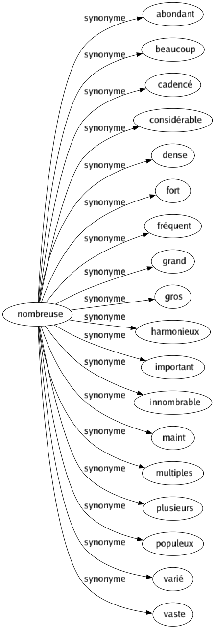 Synonyme de Nombreuse : Abondant Beaucoup Cadencé Considérable Dense Fort Fréquent Grand Gros Harmonieux Important Innombrable Maint Multiples Plusieurs Populeux Varié Vaste 