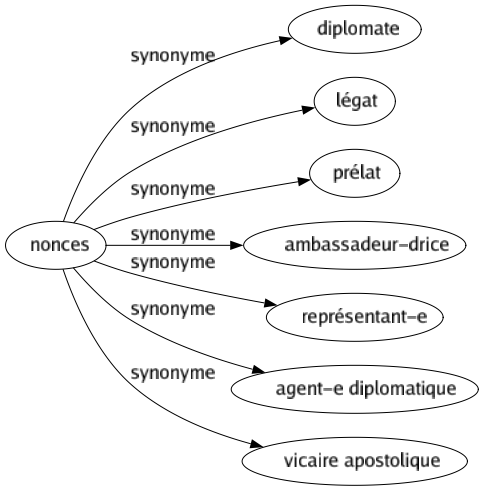 Synonyme de Nonces : Diplomate Légat Prélat Ambassadeur-drice Représentant-e Agent-e diplomatique Vicaire apostolique 