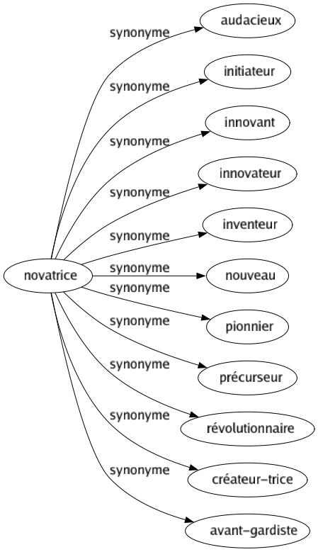 Synonyme de Novatrice : Audacieux Initiateur Innovant Innovateur Inventeur Nouveau Pionnier Précurseur Révolutionnaire Créateur-trice Avant-gardiste 