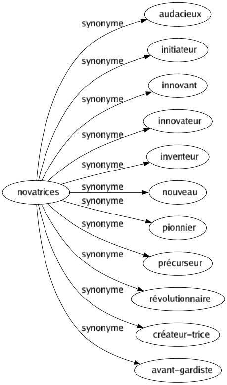 Synonyme de Novatrices : Audacieux Initiateur Innovant Innovateur Inventeur Nouveau Pionnier Précurseur Révolutionnaire Créateur-trice Avant-gardiste 