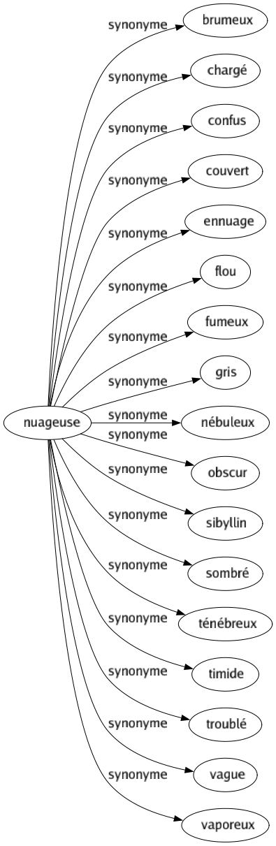 Synonyme de Nuageuse : Brumeux Chargé Confus Couvert Ennuage Flou Fumeux Gris Nébuleux Obscur Sibyllin Sombré Ténébreux Timide Troublé Vague Vaporeux 