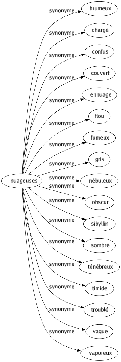 Synonyme de Nuageuses : Brumeux Chargé Confus Couvert Ennuage Flou Fumeux Gris Nébuleux Obscur Sibyllin Sombré Ténébreux Timide Troublé Vague Vaporeux 