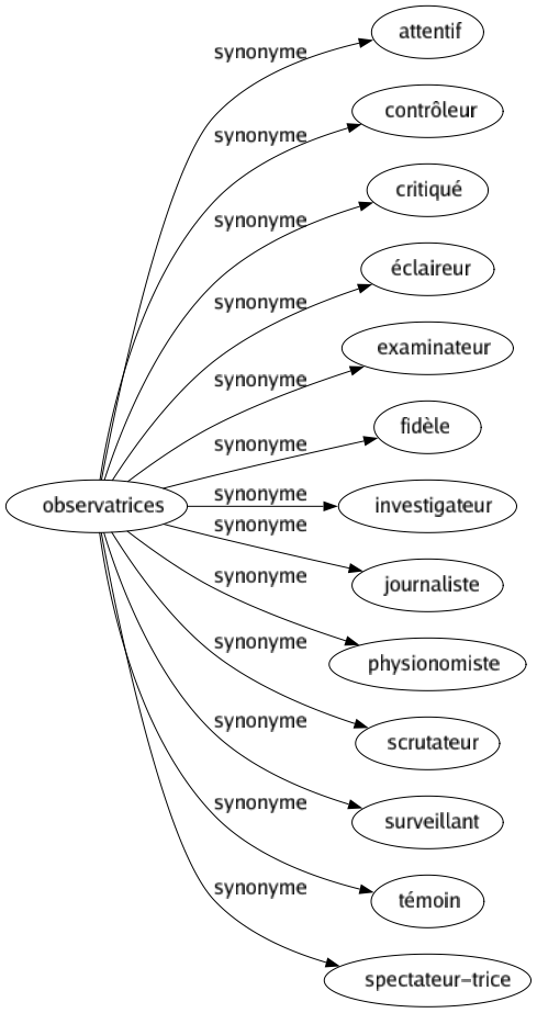 Synonyme de Observatrices : Attentif Contrôleur Critiqué Éclaireur Examinateur Fidèle Investigateur Journaliste Physionomiste Scrutateur Surveillant Témoin Spectateur-trice 