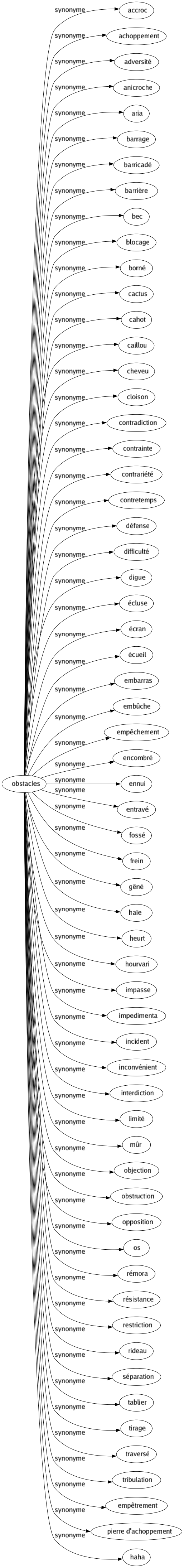 Synonyme de Obstacles : Accroc Achoppement Adversité Anicroche Aria Barrage Barricadé Barrière Bec Blocage Borné Cactus Cahot Caillou Cheveu Cloison Contradiction Contrainte Contrariété Contretemps Défense Difficulté Digue Écluse Écran Écueil Embarras Embûche Empêchement Encombré Ennui Entravé Fossé Frein Gêné Haïe Heurt Hourvari Impasse Impedimenta Incident Inconvénient Interdiction Limité Mûr Objection Obstruction Opposition Os Rémora Résistance Restriction Rideau Séparation Tablier Tirage Traversé Tribulation Empêtrement Pierre d'achoppement Haha 