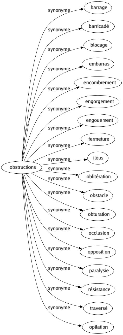 Synonyme de Obstructions : Barrage Barricadé Blocage Embarras Encombrement Engorgement Engouement Fermeture Iléus Oblitération Obstacle Obturation Occlusion Opposition Paralysie Résistance Traversé Opilation 