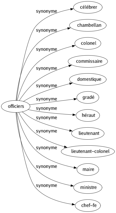 Synonyme de Officiers : Célébrer Chambellan Colonel Commissaire Domestique Gradé Héraut Lieutenant Lieutenant-colonel Maire Ministre Chef-fe 