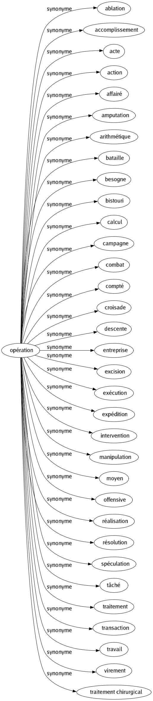 Synonyme de Opération : Ablation Accomplissement Acte Action Affairé Amputation Arithmétique Bataille Besogne Bistouri Calcul Campagne Combat Compté Croisade Descente Entreprise Excision Exécution Expédition Intervention Manipulation Moyen Offensive Réalisation Résolution Spéculation Tâché Traitement Transaction Travail Virement Traitement chirurgical 