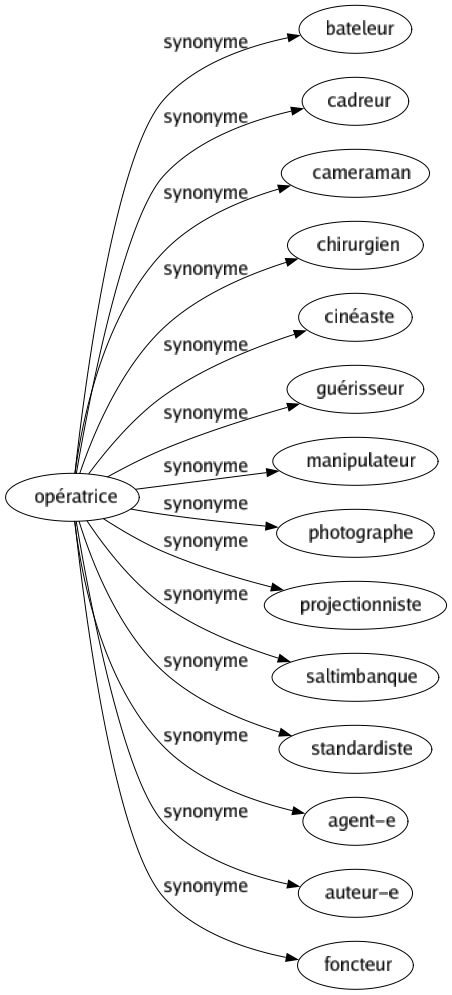 Synonyme de Opératrice : Bateleur Cadreur Cameraman Chirurgien Cinéaste Guérisseur Manipulateur Photographe Projectionniste Saltimbanque Standardiste Agent-e Auteur-e Foncteur 