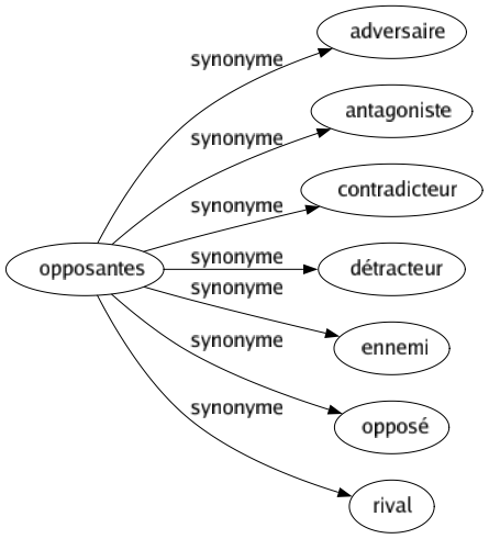 Synonyme de Opposantes : Adversaire Antagoniste Contradicteur Détracteur Ennemi Opposé Rival 