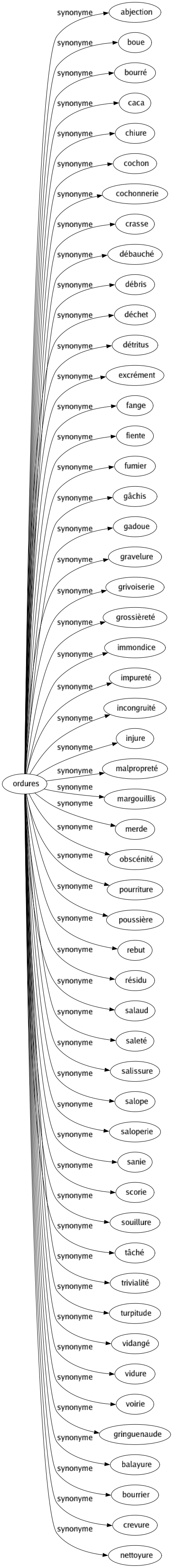 Synonyme de Ordures : Abjection Boue Bourré Caca Chiure Cochon Cochonnerie Crasse Débauché Débris Déchet Détritus Excrément Fange Fiente Fumier Gâchis Gadoue Gravelure Grivoiserie Grossièreté Immondice Impureté Incongruité Injure Malpropreté Margouillis Merde Obscénité Pourriture Poussière Rebut Résidu Salaud Saleté Salissure Salope Saloperie Sanie Scorie Souillure Tâché Trivialité Turpitude Vidangé Vidure Voirie Gringuenaude Balayure Bourrier Crevure Nettoyure 