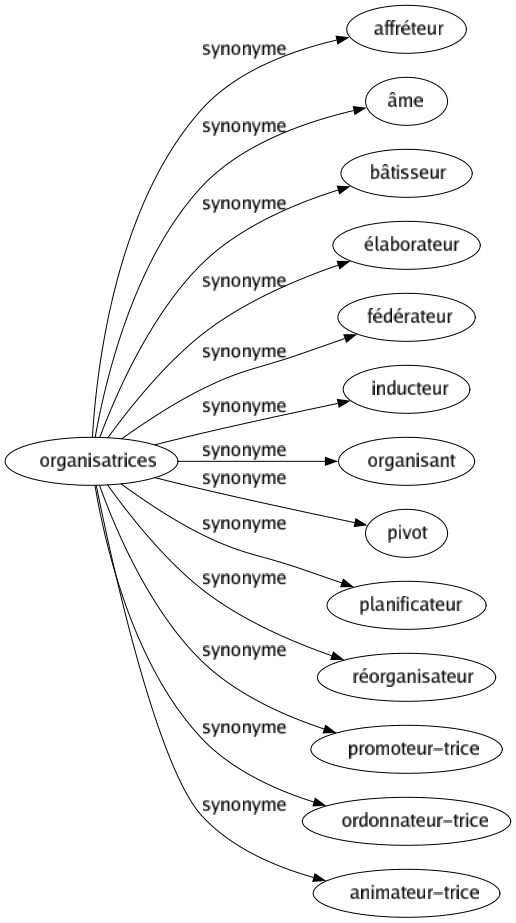 Synonyme de Organisatrices : Affréteur Âme Bâtisseur Élaborateur Fédérateur Inducteur Organisant Pivot Planificateur Réorganisateur Promoteur-trice Ordonnateur-trice Animateur-trice 