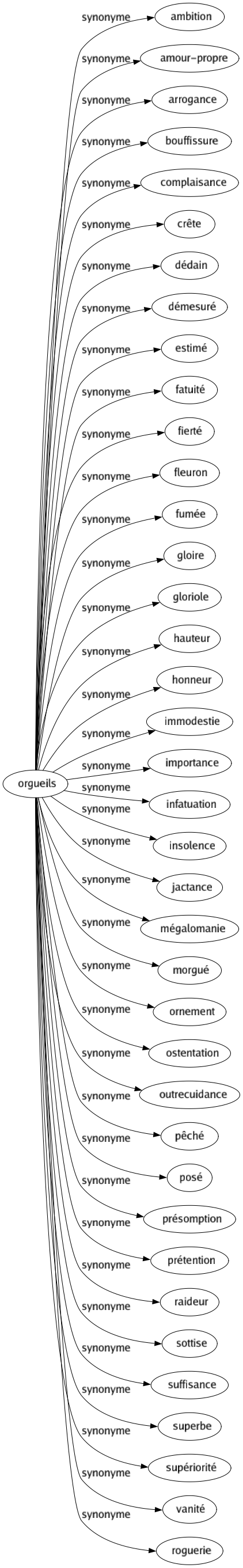 Synonyme de Orgueils : Ambition Amour-propre Arrogance Bouffissure Complaisance Crête Dédain Démesuré Estimé Fatuité Fierté Fleuron Fumée Gloire Gloriole Hauteur Honneur Immodestie Importance Infatuation Insolence Jactance Mégalomanie Morgué Ornement Ostentation Outrecuidance Pêché Posé Présomption Prétention Raideur Sottise Suffisance Superbe Supériorité Vanité Roguerie 