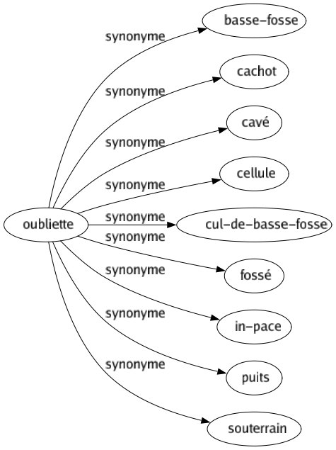 Synonyme de Oubliette : Basse-fosse Cachot Cavé Cellule Cul-de-basse-fosse Fossé In-pace Puits Souterrain 