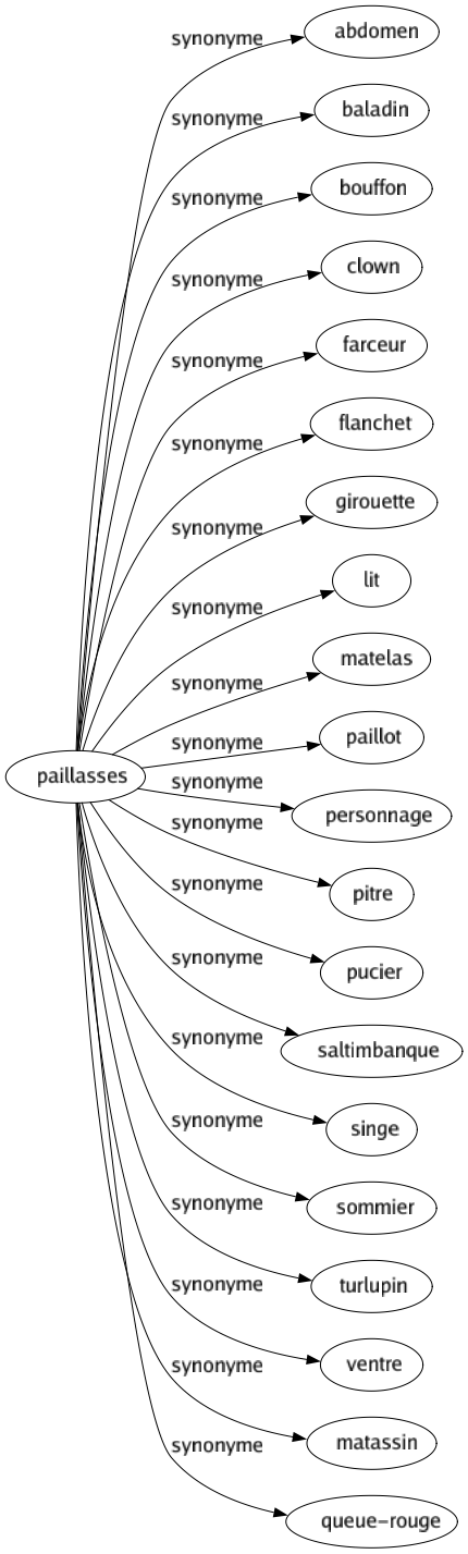 Synonyme de Paillasses : Abdomen Baladin Bouffon Clown Farceur Flanchet Girouette Lit Matelas Paillot Personnage Pitre Pucier Saltimbanque Singe Sommier Turlupin Ventre Matassin Queue-rouge 