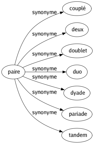 Synonyme de Paire : Couplé Deux Doublet Duo Dyade Pariade Tandem 