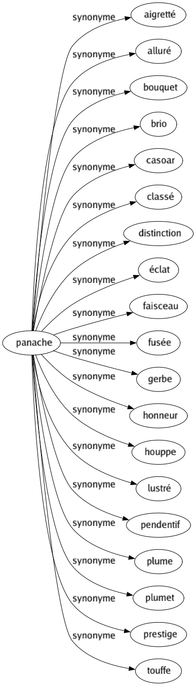 Synonyme de Panache : Aigretté Alluré Bouquet Brio Casoar Classé Distinction Éclat Faisceau Fusée Gerbe Honneur Houppe Lustré Pendentif Plume Plumet Prestige Touffe 