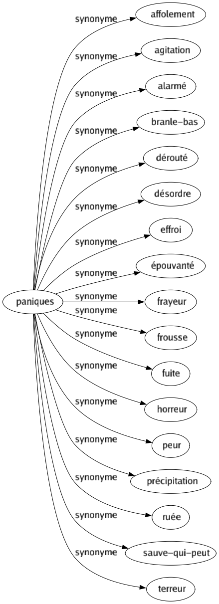 Synonyme de Paniques : Affolement Agitation Alarmé Branle-bas Dérouté Désordre Effroi Épouvanté Frayeur Frousse Fuite Horreur Peur Précipitation Ruée Sauve-qui-peut Terreur 