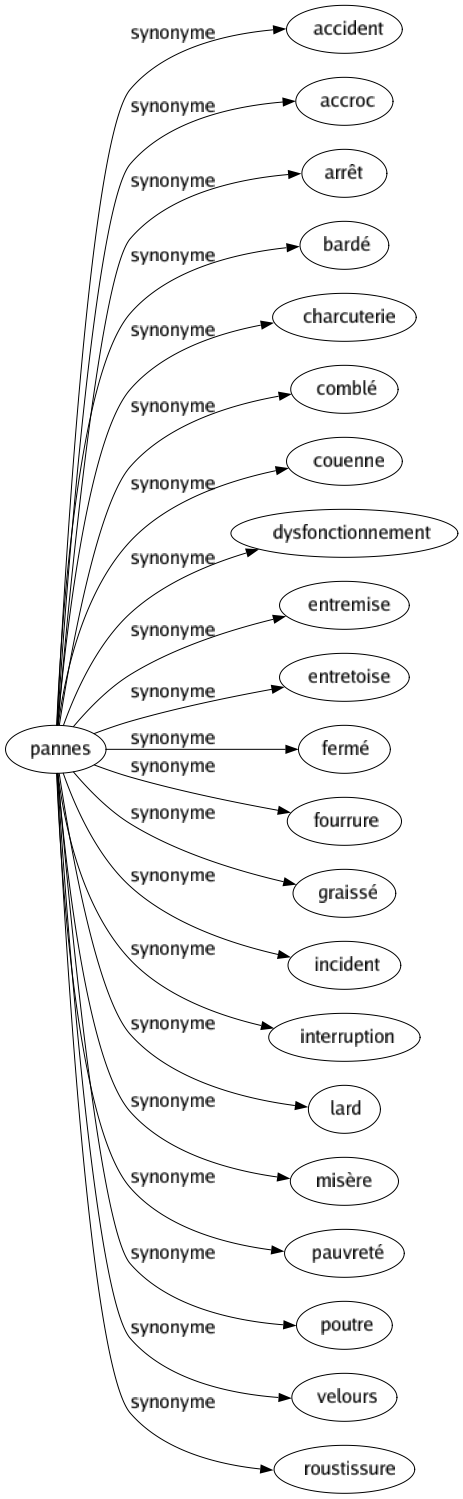 Synonyme de Pannes : Accident Accroc Arrêt Bardé Charcuterie Comblé Couenne Dysfonctionnement Entremise Entretoise Fermé Fourrure Graissé Incident Interruption Lard Misère Pauvreté Poutre Velours Roustissure 