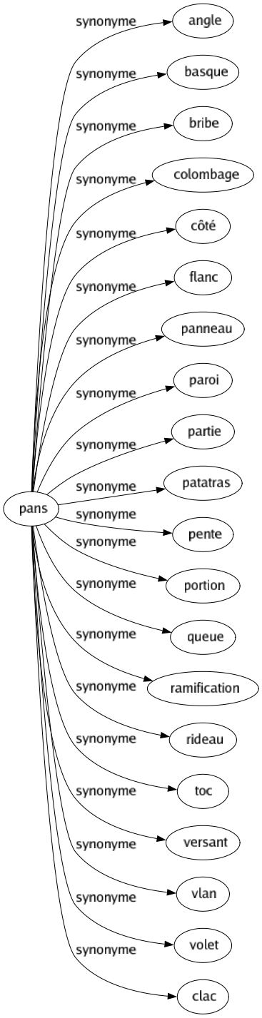 Synonyme de Pans : Angle Basque Bribe Colombage Côté Flanc Panneau Paroi Partie Patatras Pente Portion Queue Ramification Rideau Toc Versant Vlan Volet Clac 