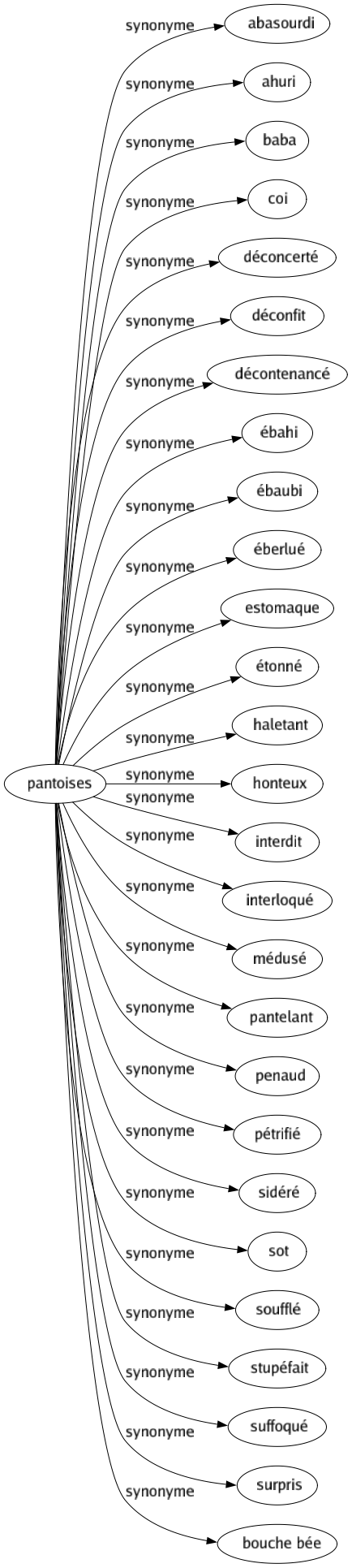 Synonyme de Pantoises : Abasourdi Ahuri Baba Coi Déconcerté Déconfit Décontenancé Ébahi Ébaubi Éberlué Estomaque Étonné Haletant Honteux Interdit Interloqué Médusé Pantelant Penaud Pétrifié Sidéré Sot Soufflé Stupéfait Suffoqué Surpris Bouche bée 