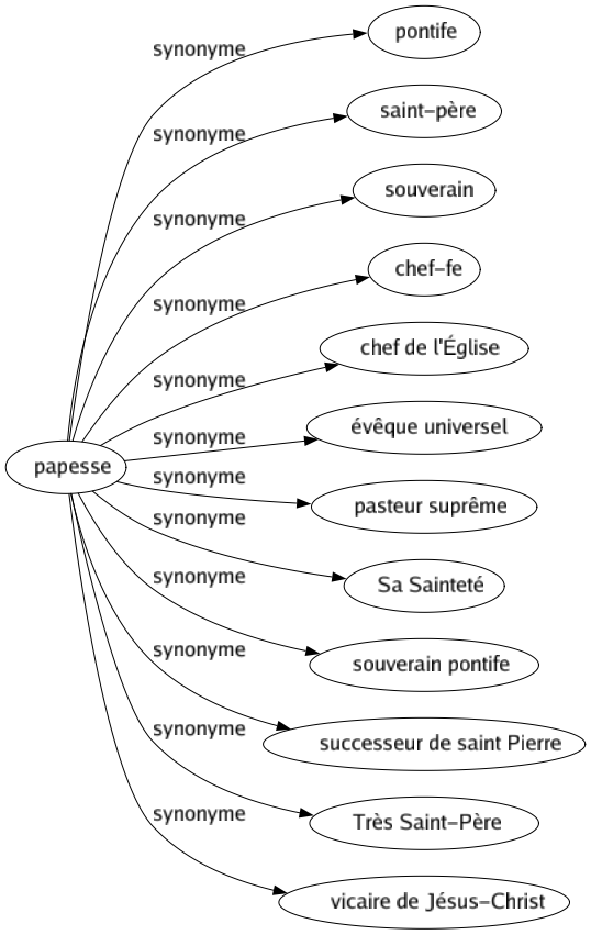 Synonyme de Papesse : Pontife Saint-père Souverain Chef-fe Chef de l'église Évêque universel Pasteur suprême Sa sainteté Souverain pontife Successeur de saint pierre Très saint-père Vicaire de jésus-christ 