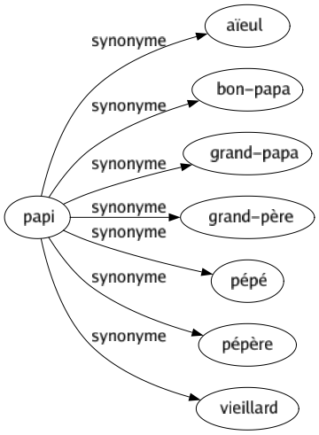 Synonyme de Papi : Aïeul Bon-papa Grand-papa Grand-père Pépé Pépère Vieillard 