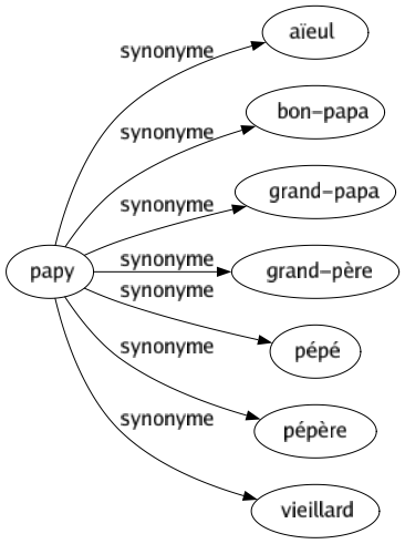 Synonyme de Papy : Aïeul Bon-papa Grand-papa Grand-père Pépé Pépère Vieillard 