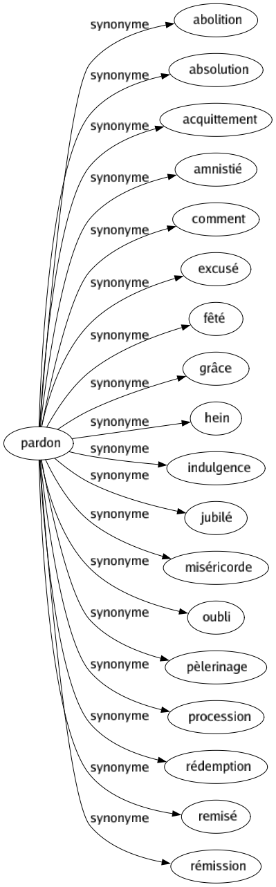 Synonyme de Pardon : Abolition Absolution Acquittement Amnistié Comment Excusé Fêté Grâce Hein Indulgence Jubilé Miséricorde Oubli Pèlerinage Procession Rédemption Remisé Rémission 