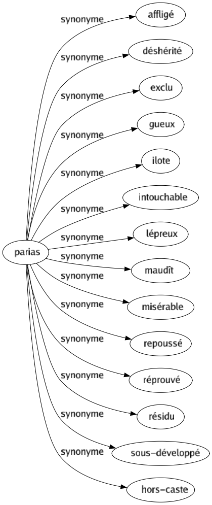 Synonyme de Parias : Affligé Déshérité Exclu Gueux Ilote Intouchable Lépreux Maudît Misérable Repoussé Réprouvé Résidu Sous-développé Hors-caste 