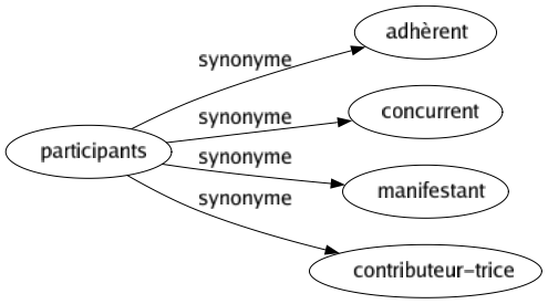 Synonyme de Participants : Adhèrent Concurrent Manifestant Contributeur-trice 