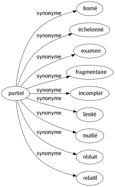 Synonyme de Partiel : Borné Échelonné Examen Fragmentaire Incomplet Limité Mutilé Réduit Relatif 