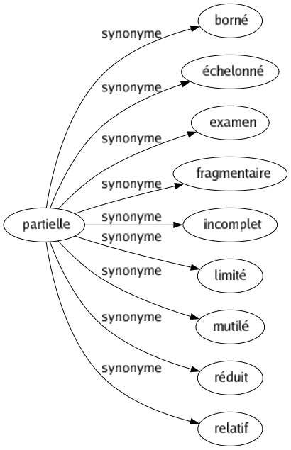 Synonyme de Partielle : Borné Échelonné Examen Fragmentaire Incomplet Limité Mutilé Réduit Relatif 