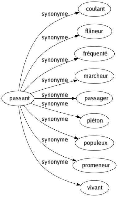 Synonyme de Passant : Coulant Flâneur Fréquenté Marcheur Passager Piéton Populeux Promeneur Vivant 