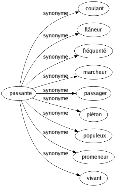 Synonyme de Passante : Coulant Flâneur Fréquenté Marcheur Passager Piéton Populeux Promeneur Vivant 