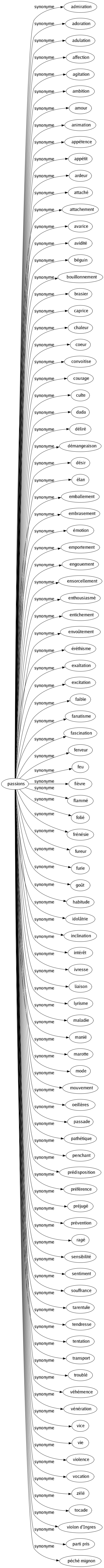 Synonyme de Passions : Admiration Adoration Adulation Affection Agitation Ambition Amour Animation Appétence Appétit Ardeur Attaché Attachement Avarice Avidité Béguin Bouillonnement Brasier Caprice Chaleur Coeur Convoitise Courage Culte Dada Déliré Démangeaison Désir Élan Emballement Embrasement Émotion Emportement Engouement Ensorcellement Enthousiasmé Entichement Envoûtement Éréthisme Exaltation Excitation Faible Fanatisme Fascination Ferveur Feu Fièvre Flammé Folié Frénésie Fureur Furie Goût Habitude Idolâtrie Inclination Intérêt Ivresse Liaison Lyrisme Maladie Manié Marotte Mode Mouvement Oeillères Passade Pathétique Penchant Prédisposition Préférence Préjugé Prévention Ragé Sensibilité Sentiment Souffrance Tarentule Tendresse Tentation Transport Troublé Véhémence Vénération Vice Vie Violence Vocation Zélé Tocade Violon d'ingres Parti pris Péché mignon 