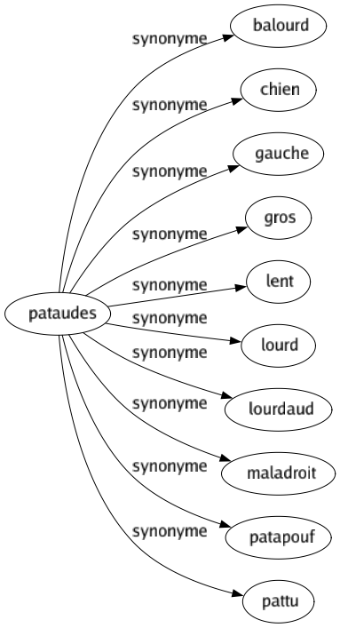 Synonyme de Pataudes : Balourd Chien Gauche Gros Lent Lourd Lourdaud Maladroit Patapouf Pattu 