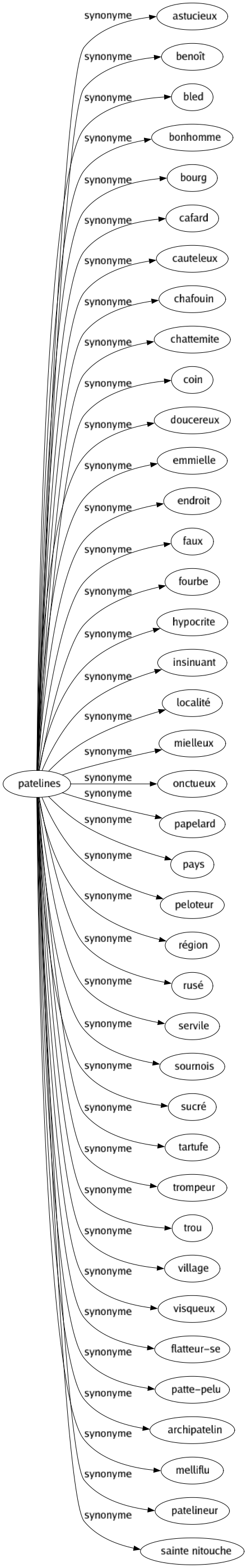 Synonyme de Patelines : Astucieux Benoît Bled Bonhomme Bourg Cafard Cauteleux Chafouin Chattemite Coin Doucereux Emmielle Endroit Faux Fourbe Hypocrite Insinuant Localité Mielleux Onctueux Papelard Pays Peloteur Région Rusé Servile Sournois Sucré Tartufe Trompeur Trou Village Visqueux Flatteur-se Patte-pelu Archipatelin Melliflu Patelineur Sainte nitouche 