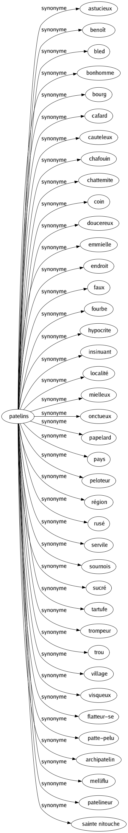 Synonyme de Patelins : Astucieux Benoît Bled Bonhomme Bourg Cafard Cauteleux Chafouin Chattemite Coin Doucereux Emmielle Endroit Faux Fourbe Hypocrite Insinuant Localité Mielleux Onctueux Papelard Pays Peloteur Région Rusé Servile Sournois Sucré Tartufe Trompeur Trou Village Visqueux Flatteur-se Patte-pelu Archipatelin Melliflu Patelineur Sainte nitouche 