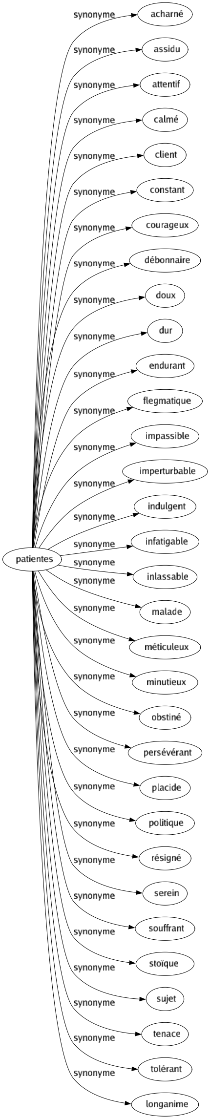 Synonyme de Patientes : Acharné Assidu Attentif Calmé Client Constant Courageux Débonnaire Doux Dur Endurant Flegmatique Impassible Imperturbable Indulgent Infatigable Inlassable Malade Méticuleux Minutieux Obstiné Persévérant Placide Politique Résigné Serein Souffrant Stoïque Sujet Tenace Tolérant Longanime 