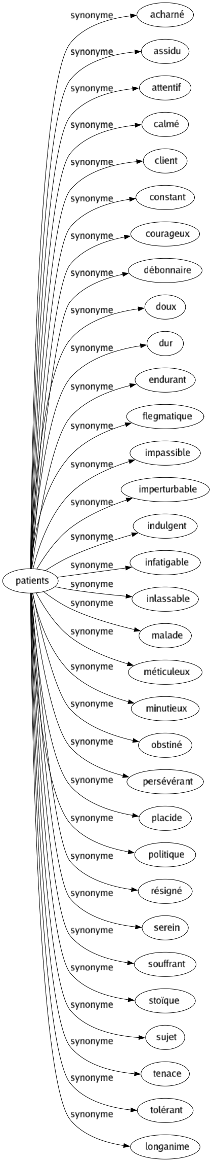 Synonyme de Patients : Acharné Assidu Attentif Calmé Client Constant Courageux Débonnaire Doux Dur Endurant Flegmatique Impassible Imperturbable Indulgent Infatigable Inlassable Malade Méticuleux Minutieux Obstiné Persévérant Placide Politique Résigné Serein Souffrant Stoïque Sujet Tenace Tolérant Longanime 