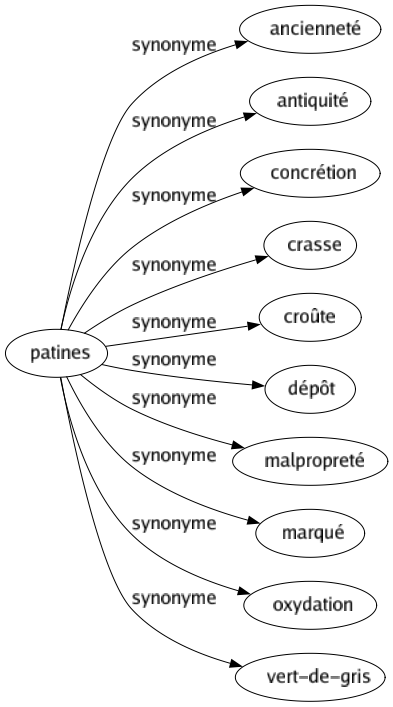 Synonyme de Patines : Ancienneté Antiquité Concrétion Crasse Croûte Dépôt Malpropreté Marqué Oxydation Vert-de-gris 