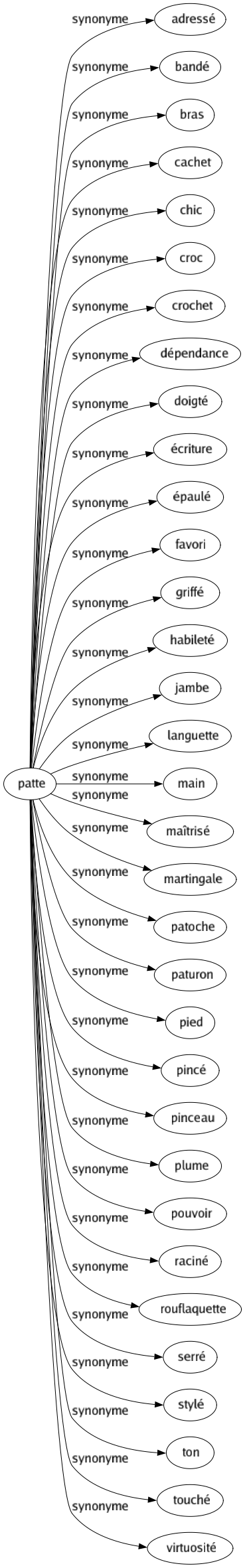 Synonyme de Patte : Adressé Bandé Bras Cachet Chic Croc Crochet Dépendance Doigté Écriture Épaulé Favori Griffé Habileté Jambe Languette Main Maîtrisé Martingale Patoche Paturon Pied Pincé Pinceau Plume Pouvoir Raciné Rouflaquette Serré Stylé Ton Touché Virtuosité 